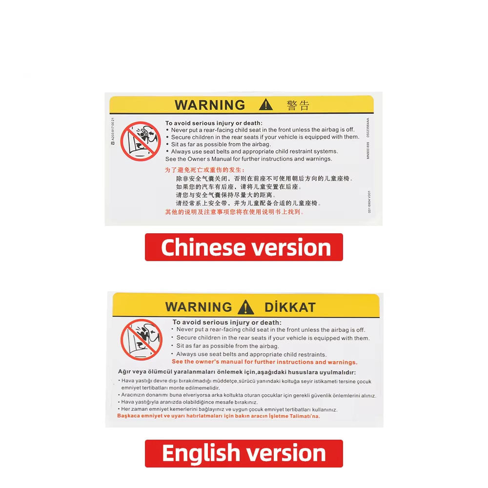 For Car Sun Visor Makeup Mirror Sticker Airbag Sticker Safety Warning Sticker Warning Board Sticker English Chinese Version